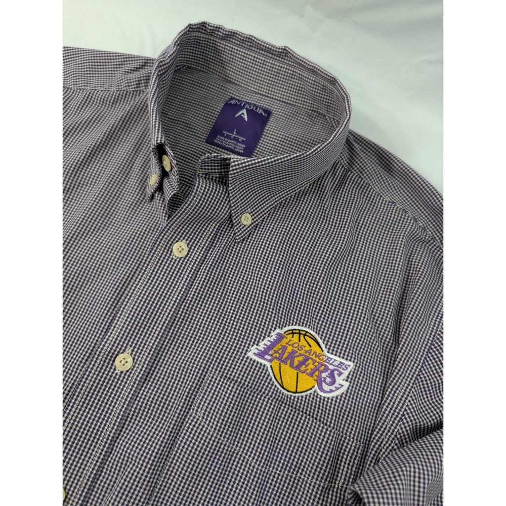 Los Angeles Dodgers Shirt Button Up Antigua Men's Large Purple Plaid Checkered